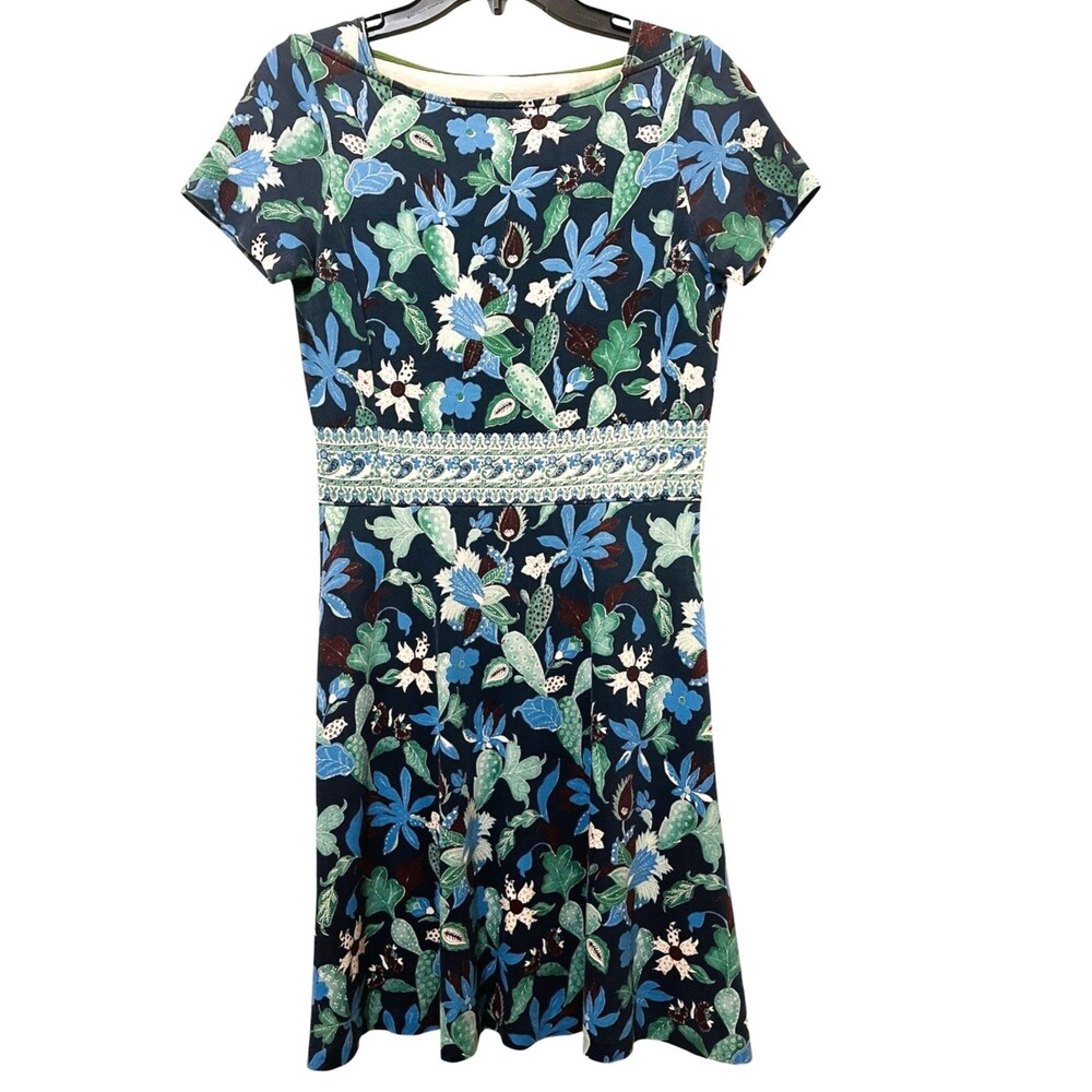 TORY BURCH Wisteria Garden Flare A Line Dress Floral Cotton Navy Blue Green XS - Picture 2 of 7